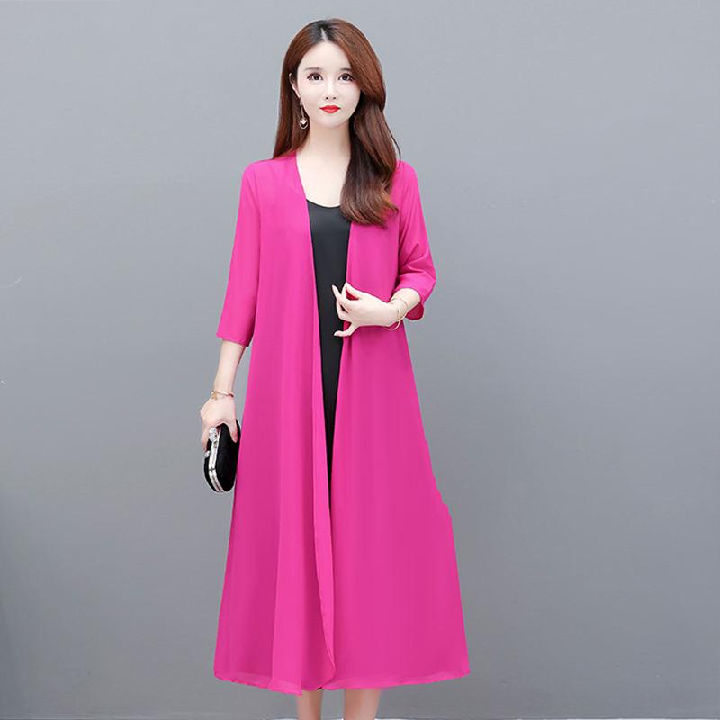 Spring Summer Long Chiffon White Cardigan Women Tops Elegant 2023 New Thin Solid Color Blouses Women's Summer Cardigan Black Red