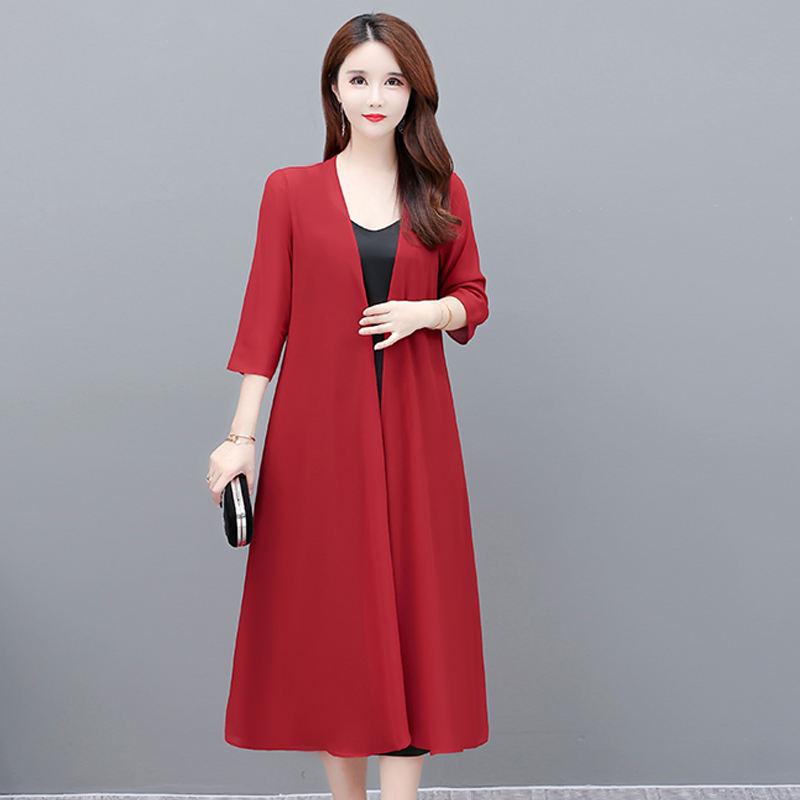 Spring Summer Long Chiffon White Cardigan Women Tops Elegant 2023 New Thin Solid Color Blouses Women's Summer Cardigan Black Red