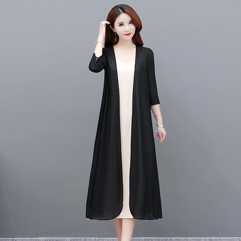 Spring Summer Long Chiffon White Cardigan Women Tops Elegant 2023 New Thin Solid Color Blouses Women's Summer Cardigan Black Red