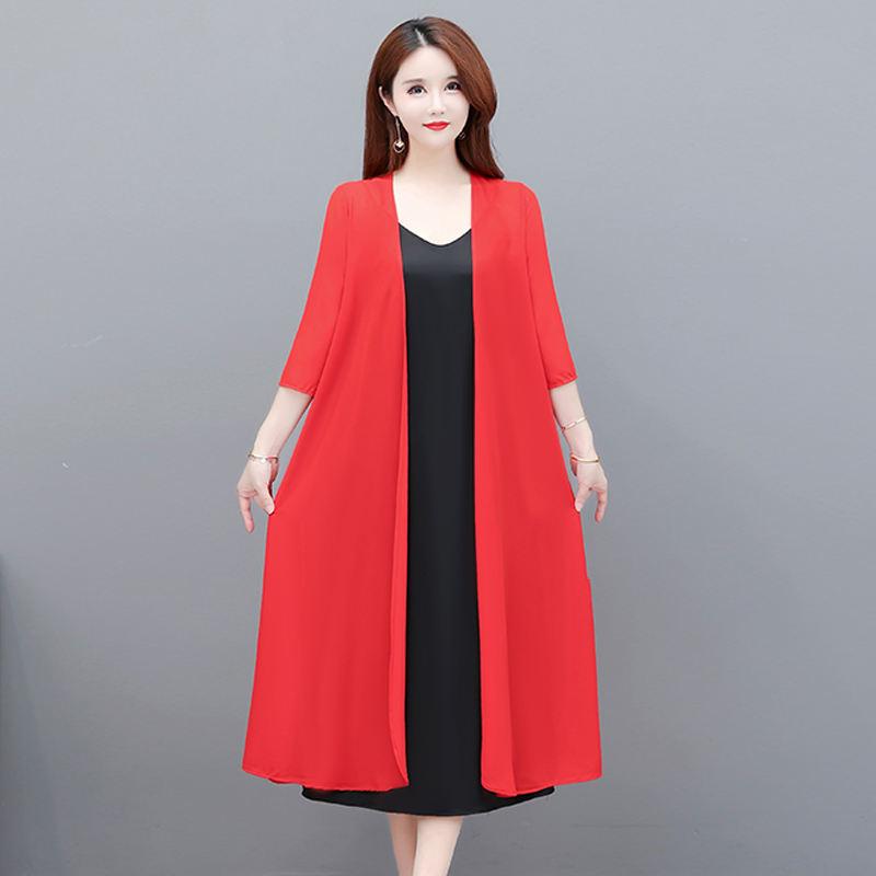 Spring Summer Long Chiffon White Cardigan Women Tops Elegant 2023 New Thin Solid Color Blouses Women's Summer Cardigan Black Red