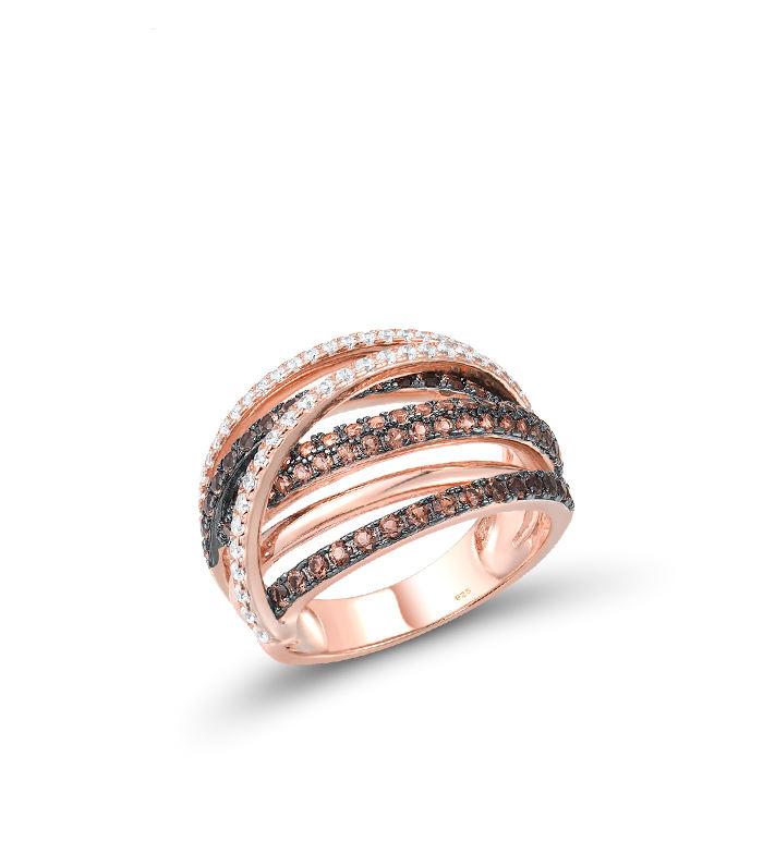 SANTUZZA Silver Rings For Women Pure 925 Sterling Silver Sparkling Nano Brown Spinel White CZ Ring Glamorous Party Fine Jewelry